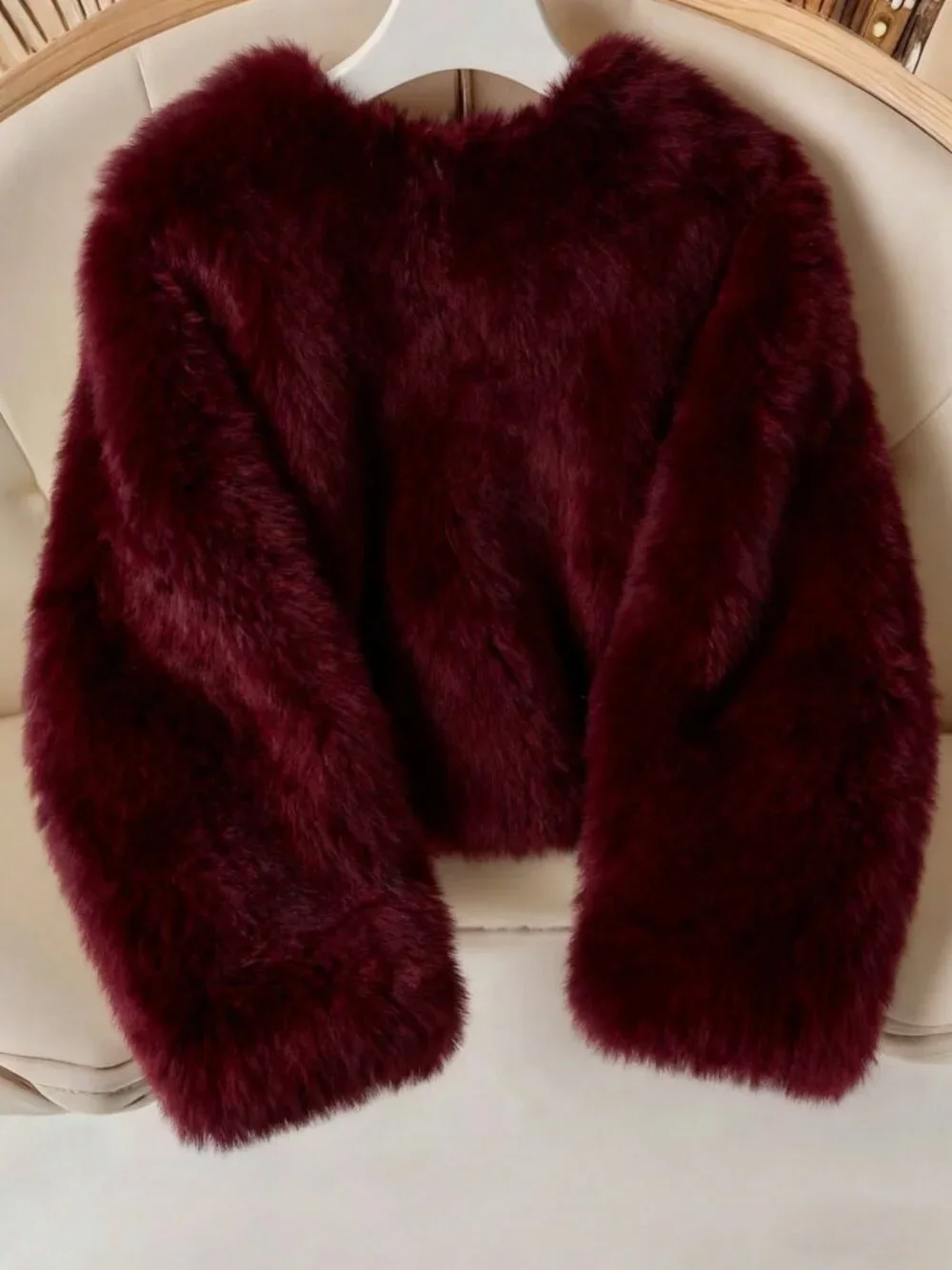 Burgundy Casual Women's Round Neck Front Button Faux Fur Jacket